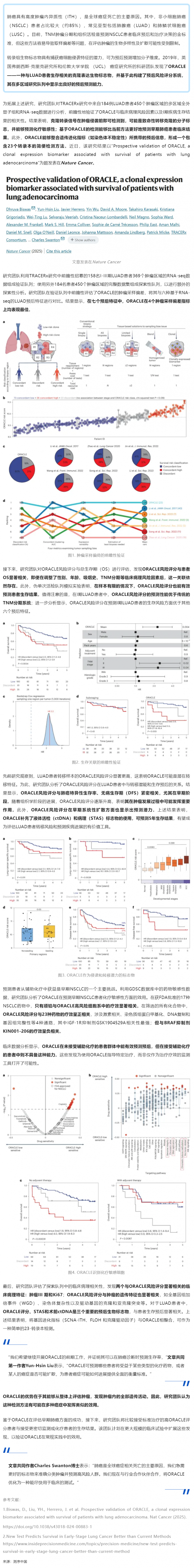 2025 年 01 月 23 日 Nat Cancer _ 超越傳統檢測方法！ORACLE 檢測可以更好地預測早期肺癌患者的臨床結果